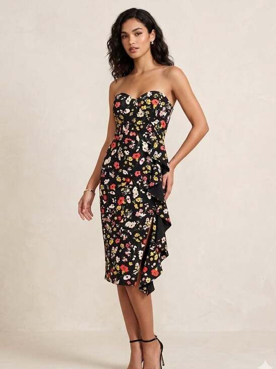 Aidan Mattox Dresses & Skirts - Aidan Mattox Strapless Printed Crepe Midi Dress with Ruffle Detail